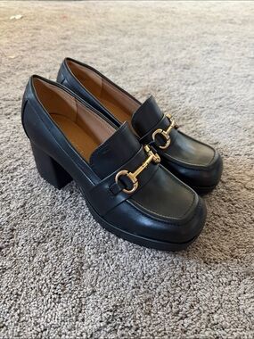 Nine West Black Leather Block-Heel Loafers with Gold Hardware